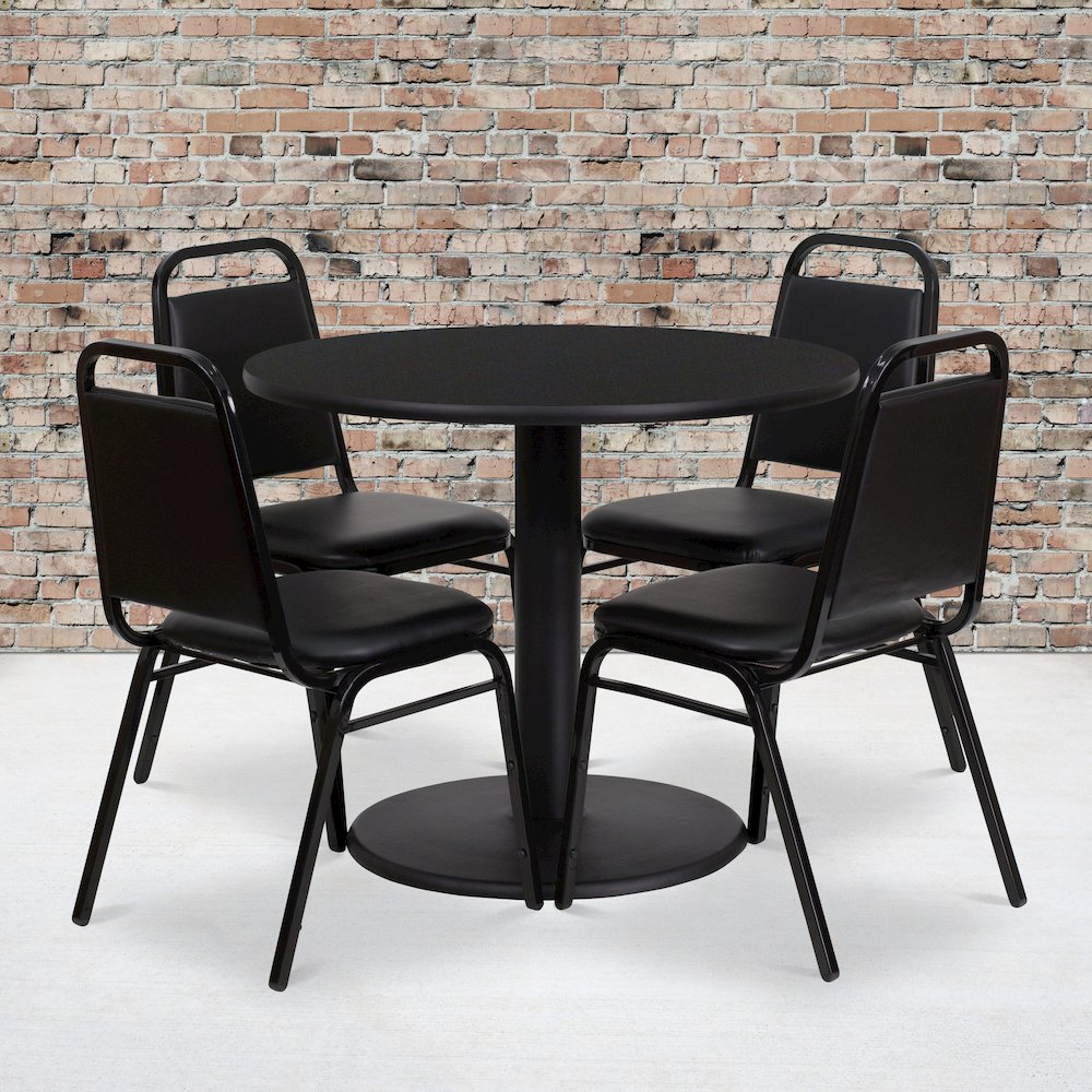 36” Black Table Set with Base and 4 Black Trapezoidal Back Banquet Chairs