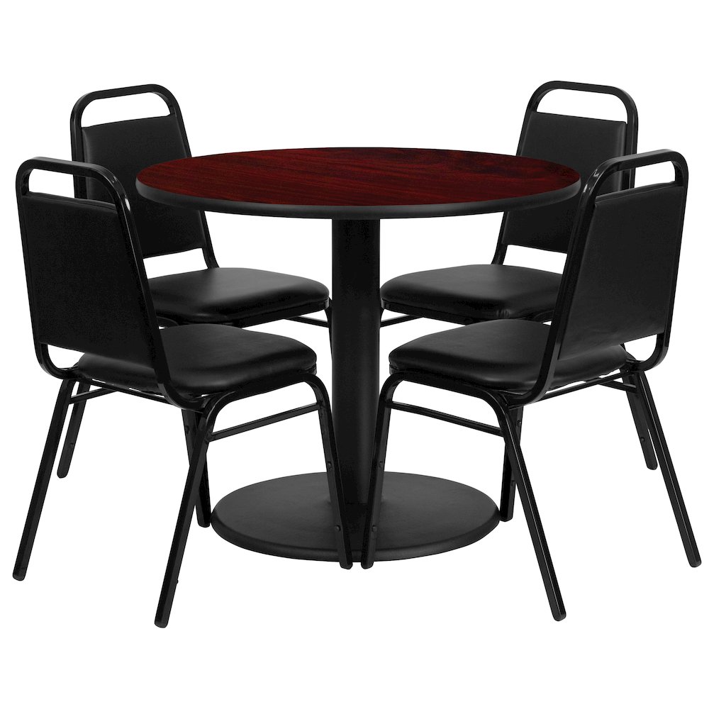 36” Mahogany Table Set with Base and 4 Black Trapezoidal Back Banquet Chairs
