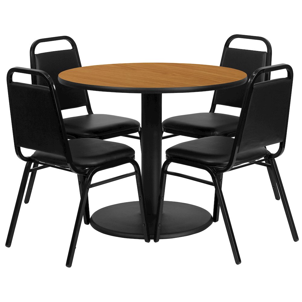 36” Natural Table Set with Base and 4 Black Trapezoidal Back Banquet Chairs