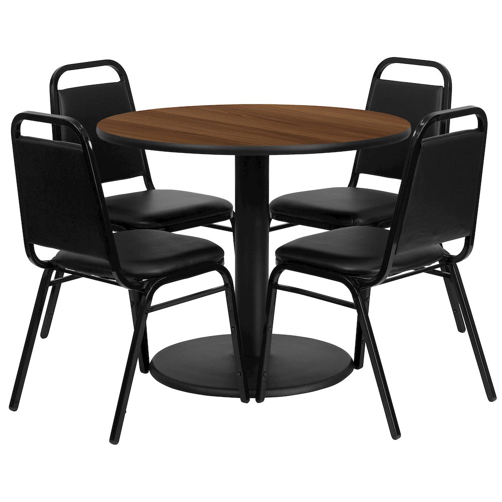 36” Walnut Table Set with Base and 4 Black Trapezoidal Back Banquet Chairs