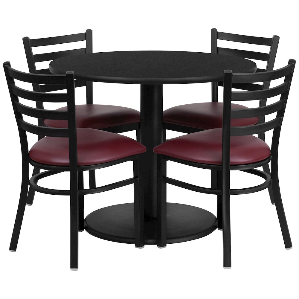 36” Black Table Set with Base and 4 Metal Chairs – Burgundy Vinyl Seat