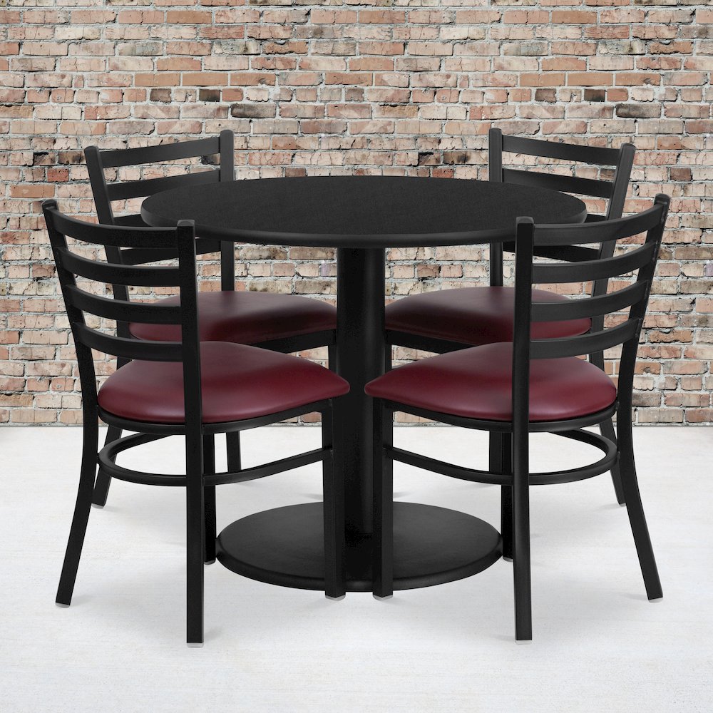 36” Black Table Set with Base and 4 Metal Chairs – Burgundy Vinyl Seat