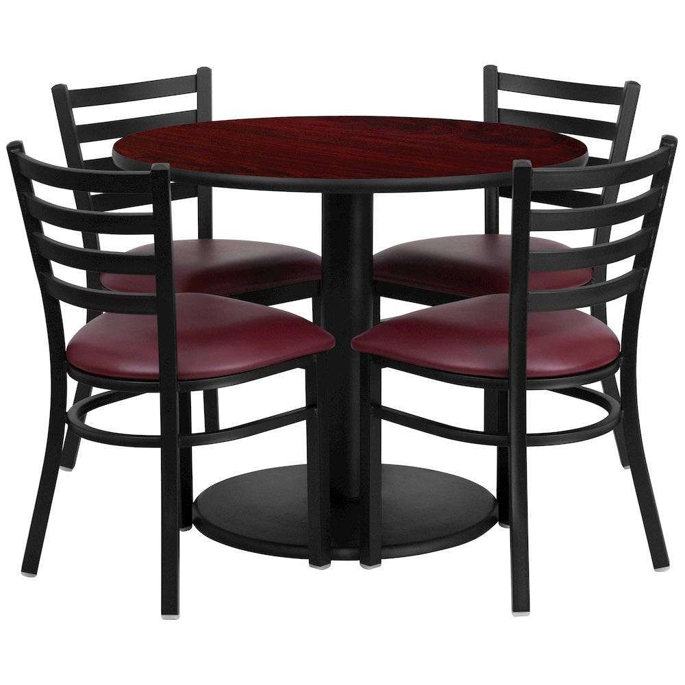 36” Mahogany Table Set with Base and 4 Metal Chairs – Burgundy Vinyl Seat