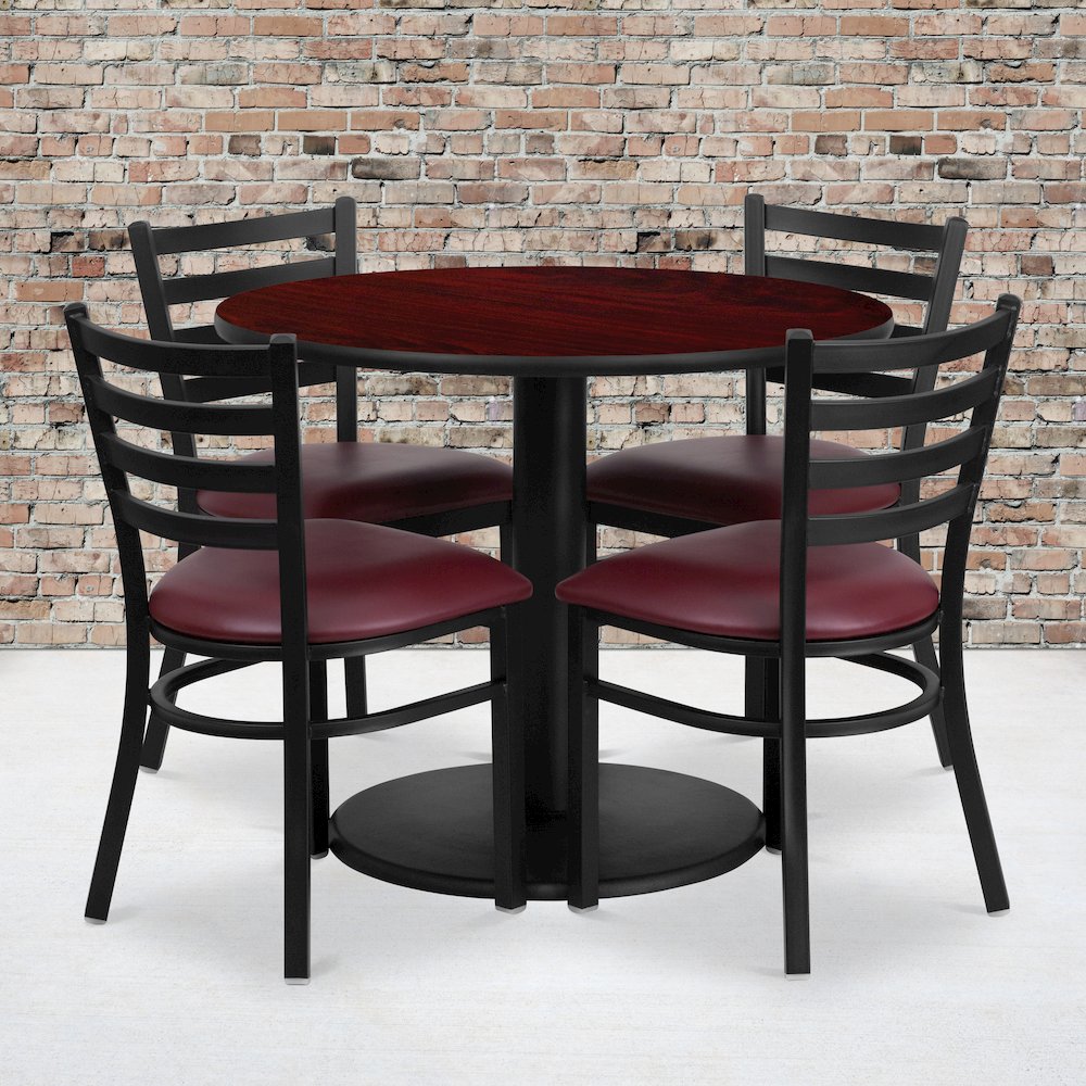 36” Mahogany Table Set with Base and 4 Metal Chairs – Burgundy Vinyl Seat