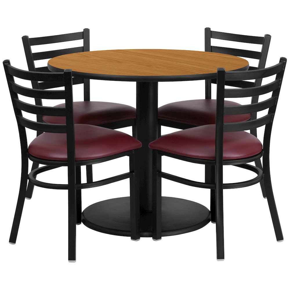 36” Natural Table Set with Base and 4 Metal Chairs – Burgundy Vinyl Seat