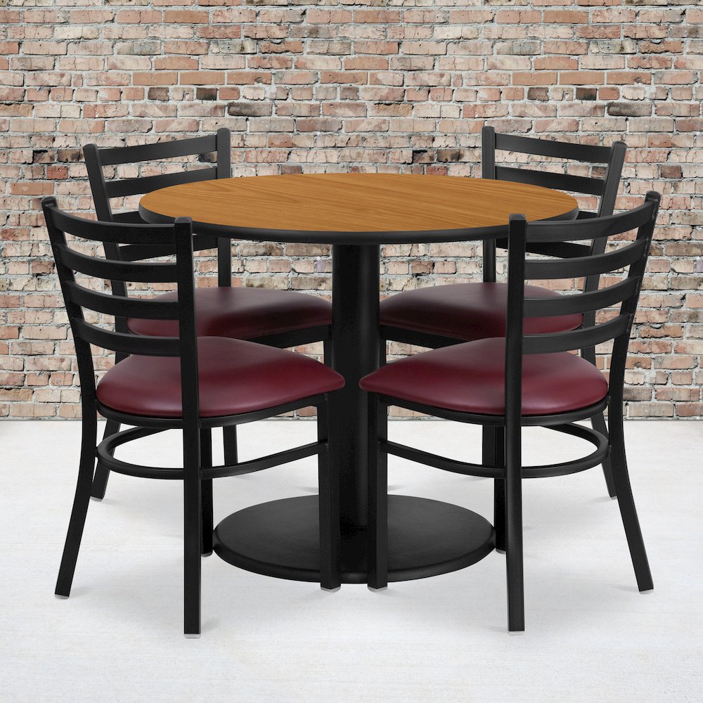 36” Natural Table Set with Base and 4 Metal Chairs – Burgundy Vinyl Seat