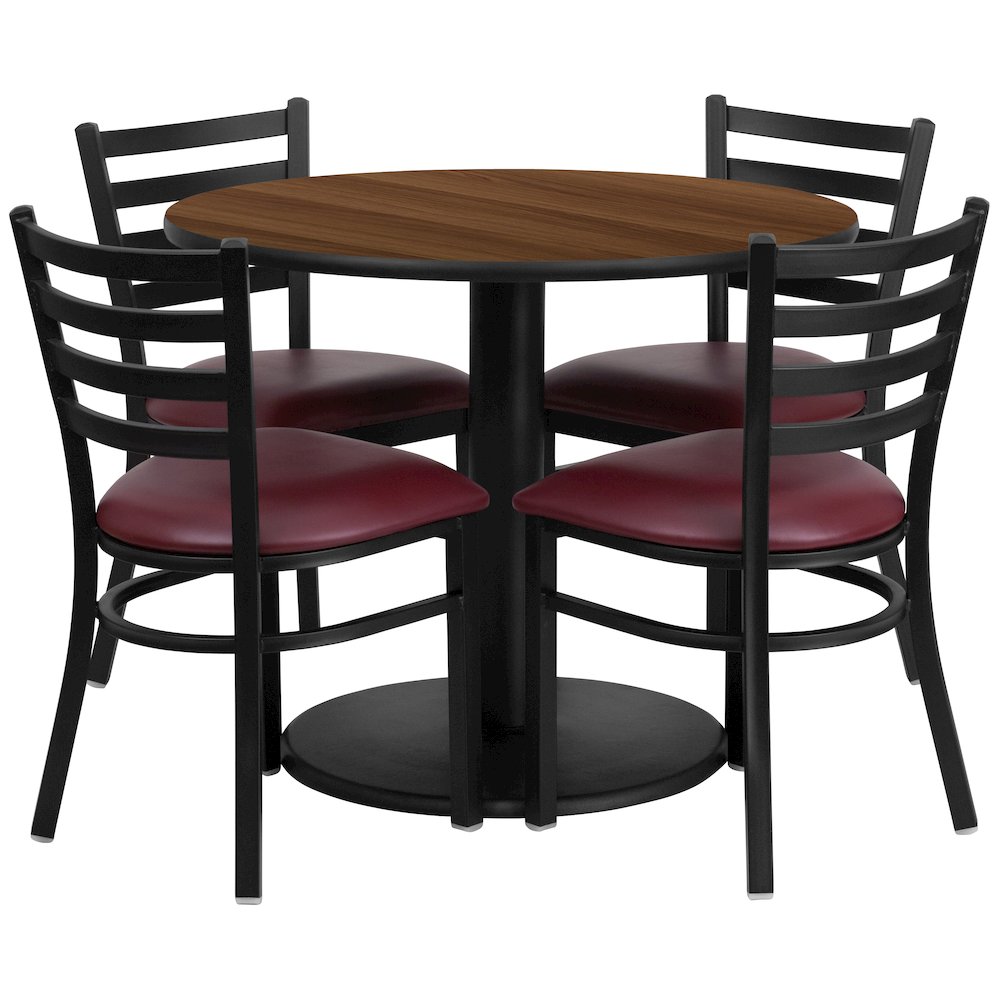 36” Walnut Table Set with Base and 4 Metal Chairs – Burgundy Vinyl Seat