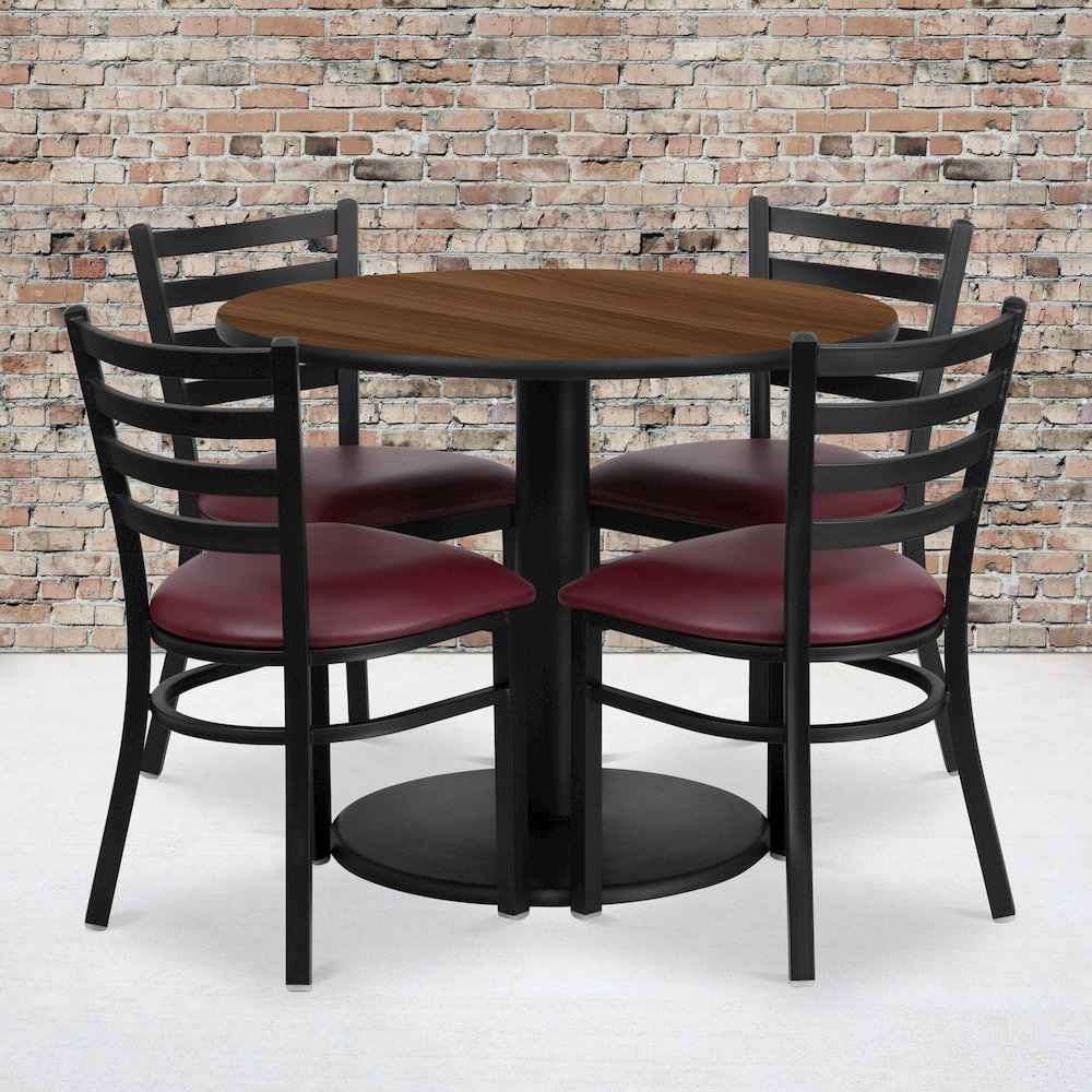 36” Walnut Table Set with Base and 4 Metal Chairs – Burgundy Vinyl Seat