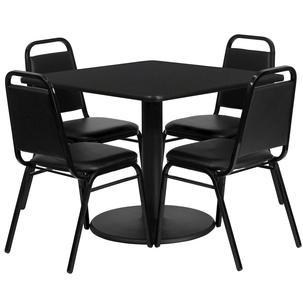 36” Black Table Set with Round Base and 4 Black Trapezoidal Back Banquet Chairs