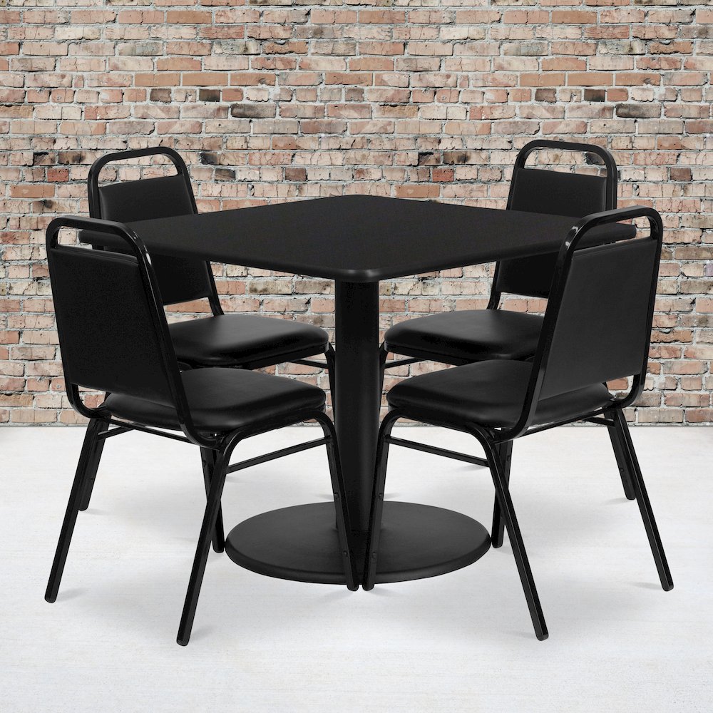 36” Black Table Set with Round Base and 4 Black Trapezoidal Back Banquet Chairs