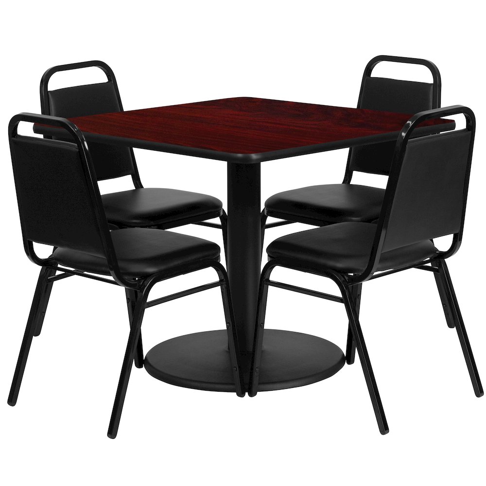 36” Mahogany Table Set with Base and 4 Black Trapezoidal Back Banquet Chairs