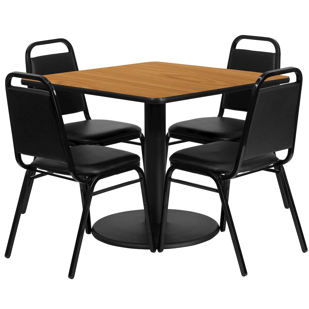 36” Natural Table Set with Base and 4 Black Trapezoidal Back Banquet Chairs