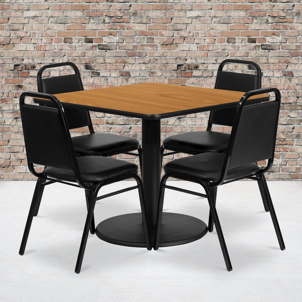 36” Natural Table Set with Base and 4 Black Trapezoidal Back Banquet Chairs