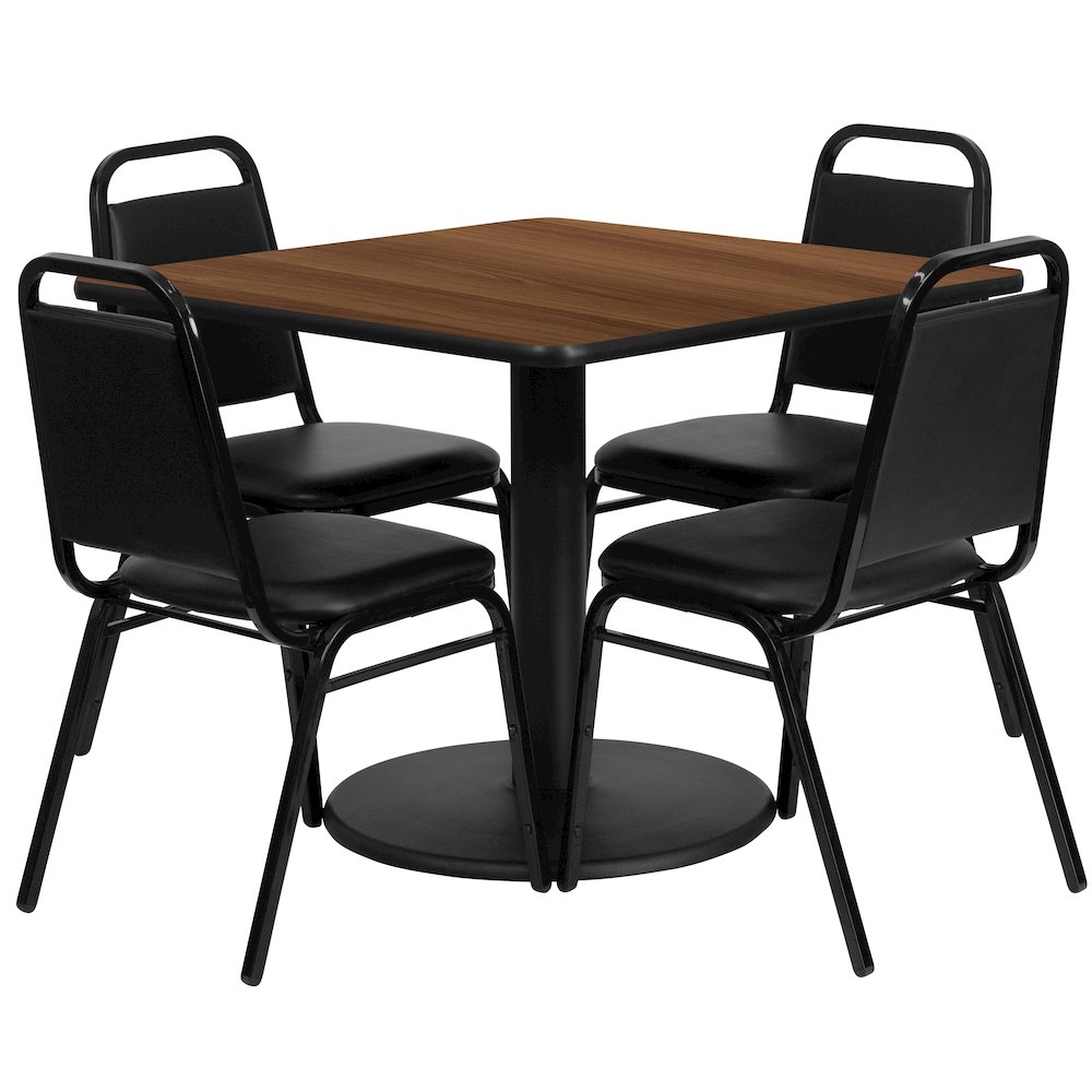 36” Walnut Table Set with Base and 4 Black Trapezoidal Back Banquet Chairs