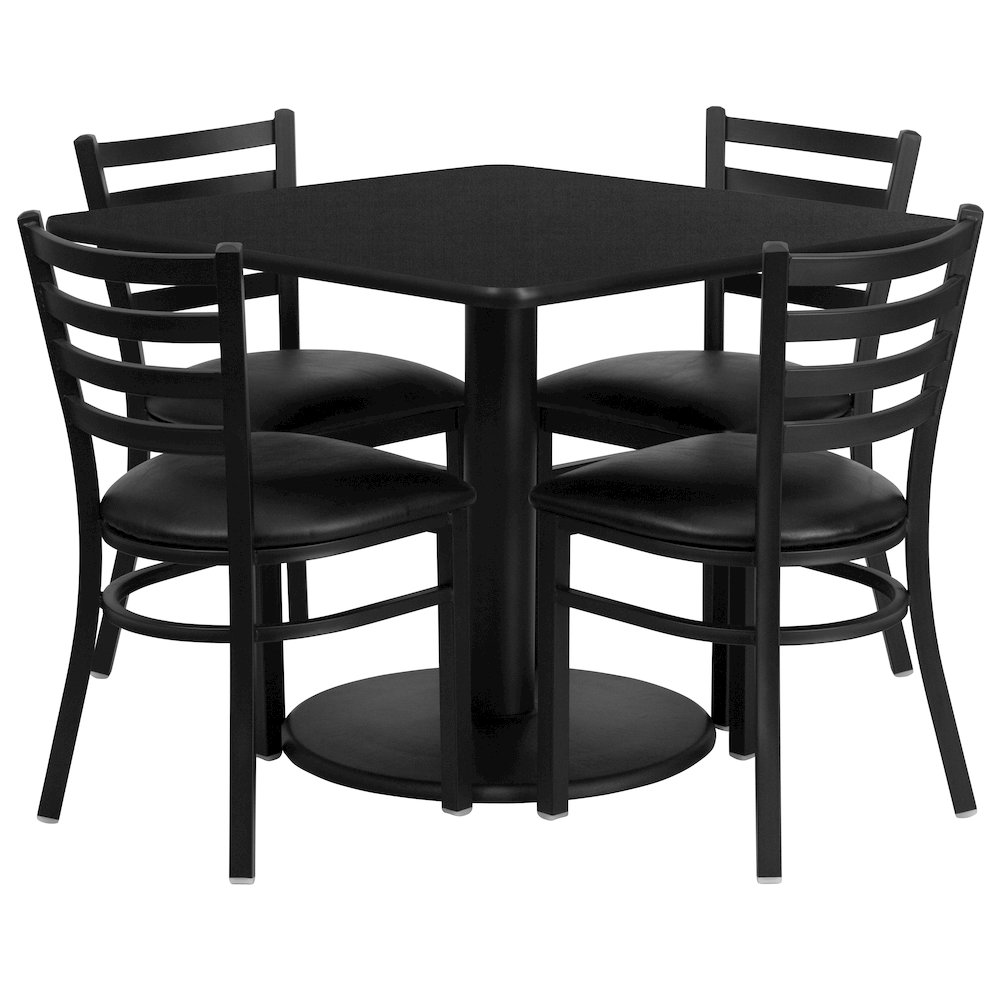 36” Black Table Set with Base and 4 Ladder Back Metal Chairs – Black Vinyl Seat