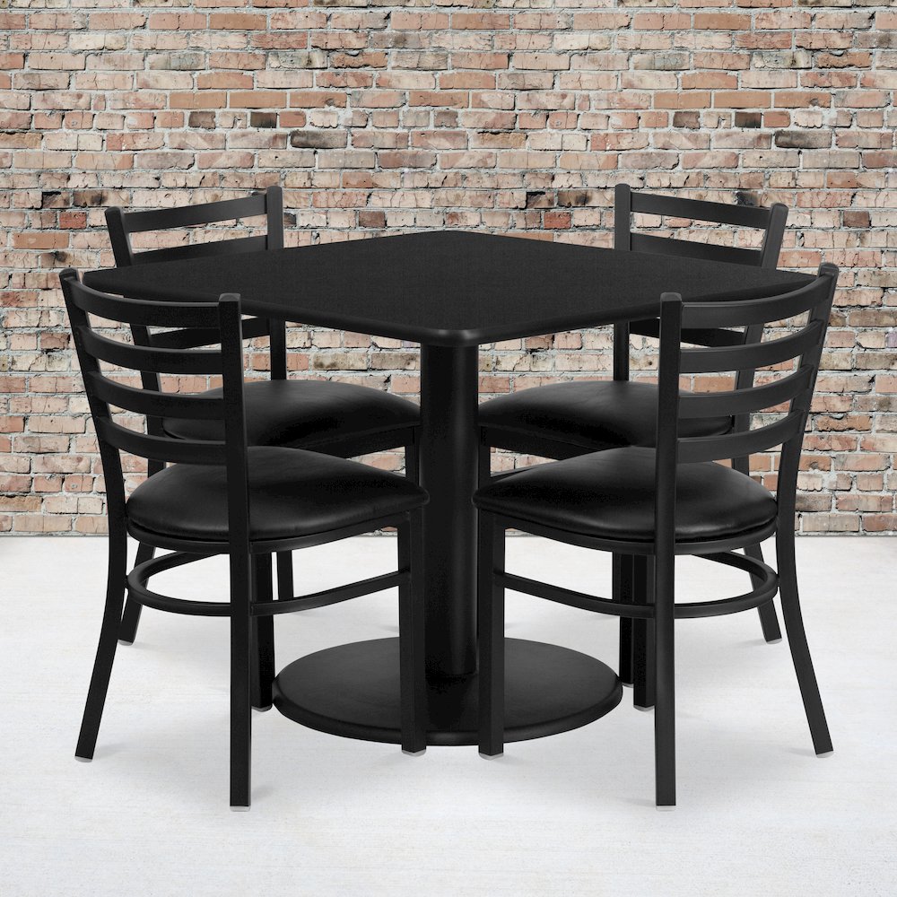 36” Black Table Set with Base and 4 Ladder Back Metal Chairs – Black Vinyl Seat