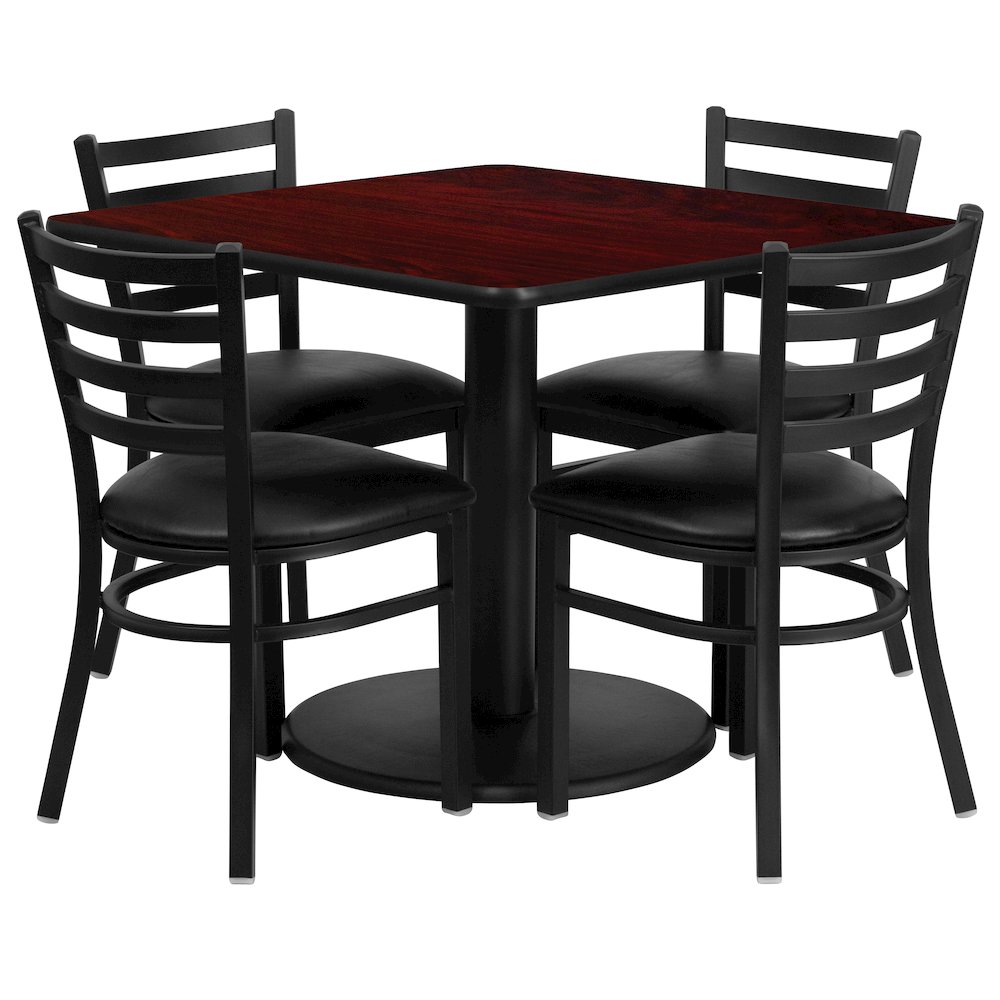 36” Mahogany Table Set with Base and 4 Metal Chairs – Black Vinyl Seat