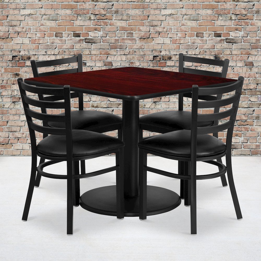 36” Mahogany Table Set with Base and 4 Metal Chairs – Black Vinyl Seat