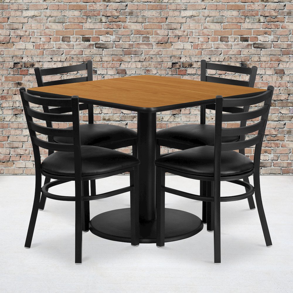 36” Natural Table Set with Base and 4 Metal Chairs – Black Vinyl Seat