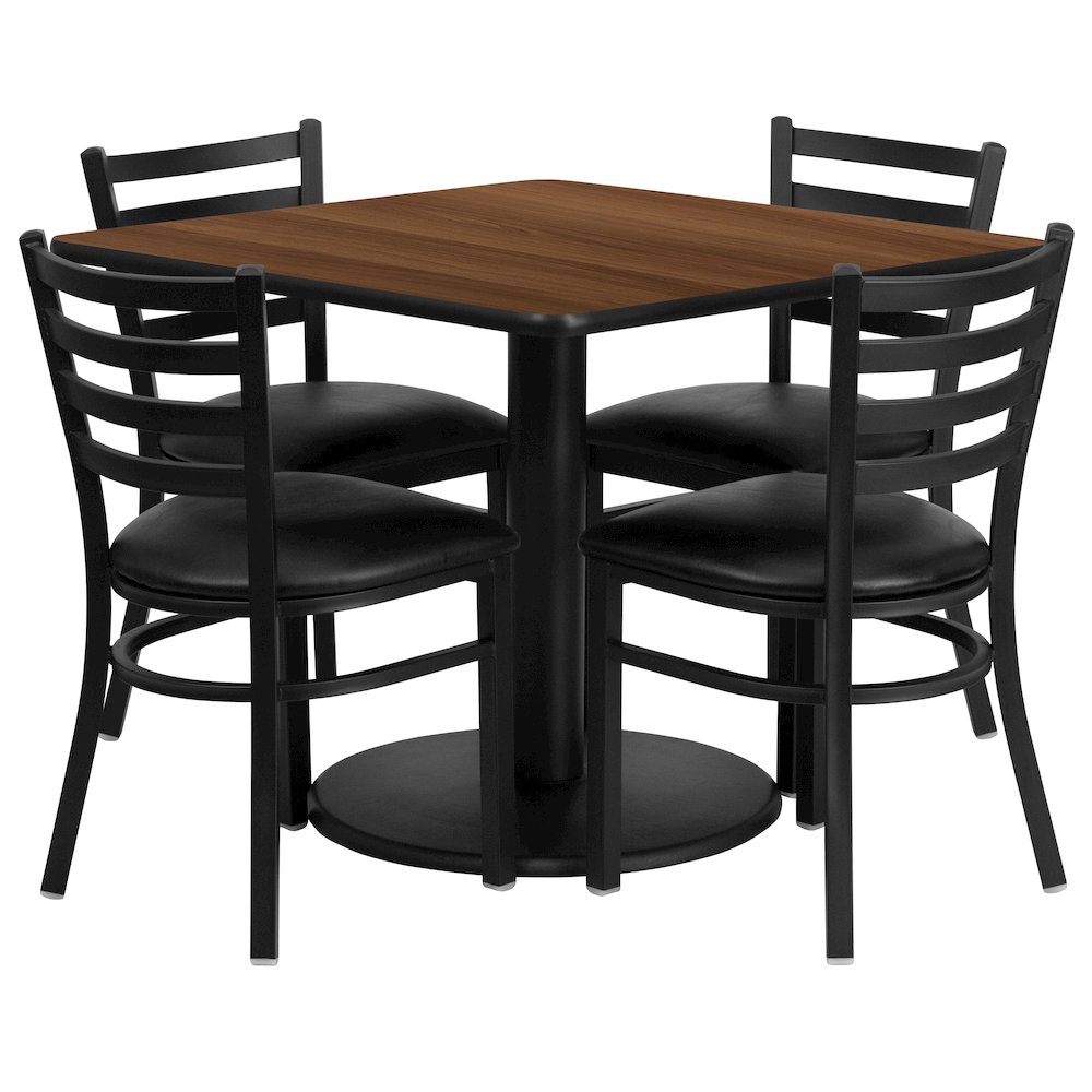 36” Walnut Table Set with Base and 4 Metal Chairs – Black Vinyl Seat