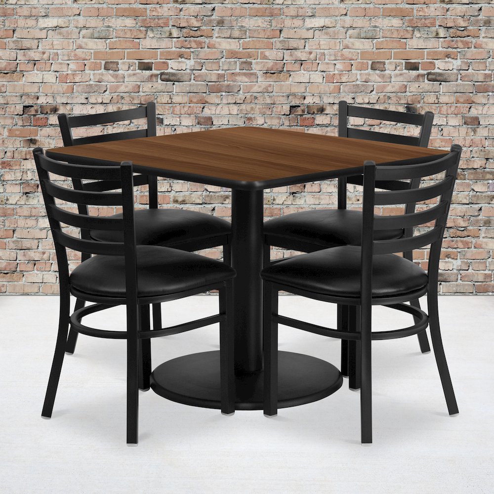 36” Walnut Table Set with Base and 4 Metal Chairs – Black Vinyl Seat
