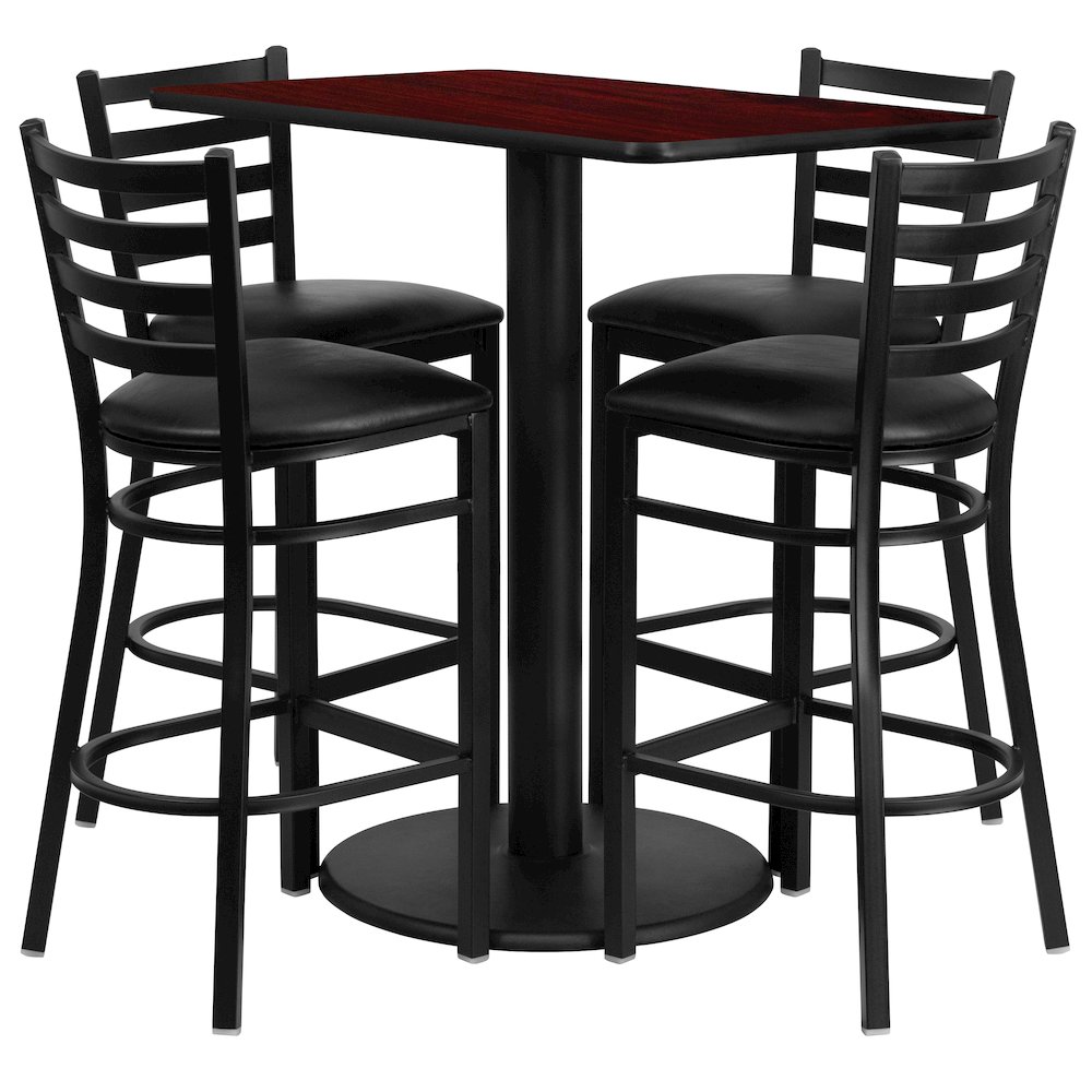 24” x 42” Mahogany Table Set with 4 Metal Barstools – Black Vinyl Seat