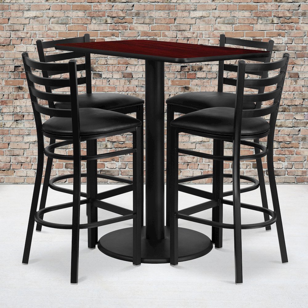 24” x 42” Mahogany Table Set with 4 Metal Barstools – Black Vinyl Seat