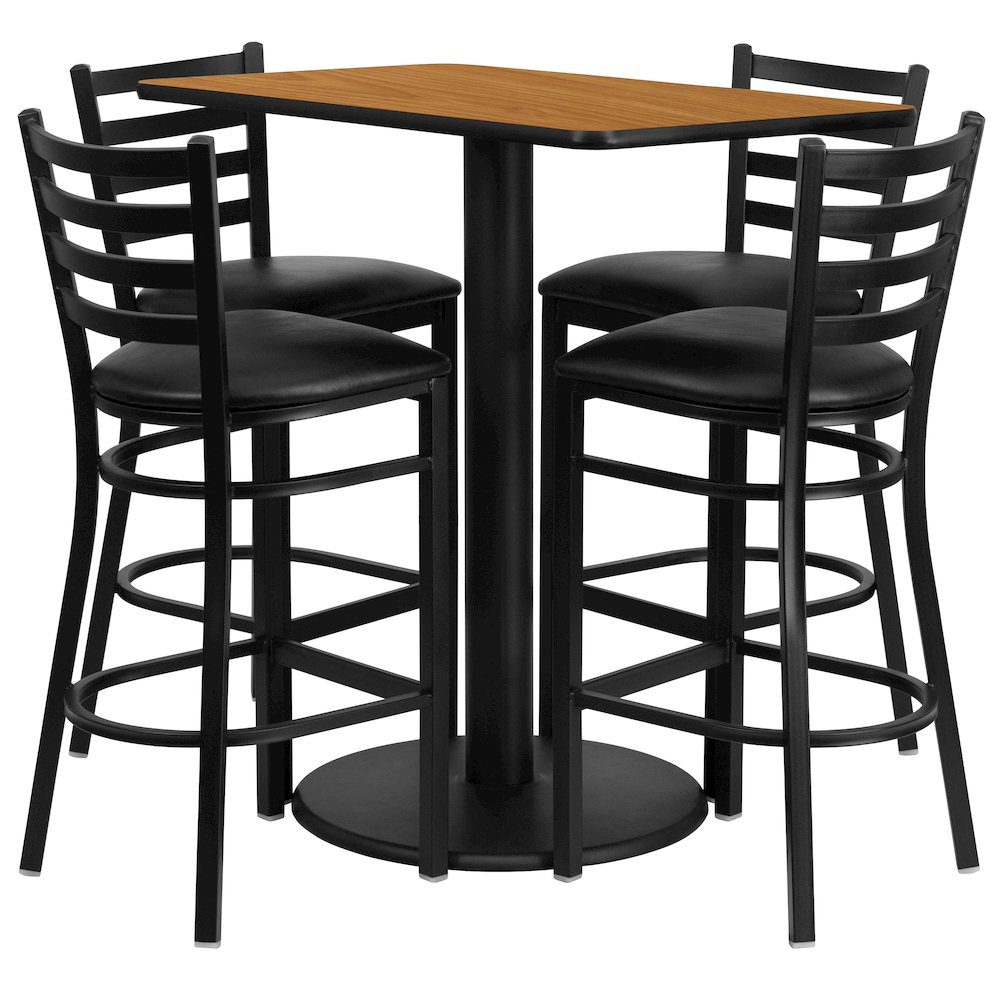 24” x 42” Natural Table Set with 4 Metal Barstools – Black Vinyl Seat
