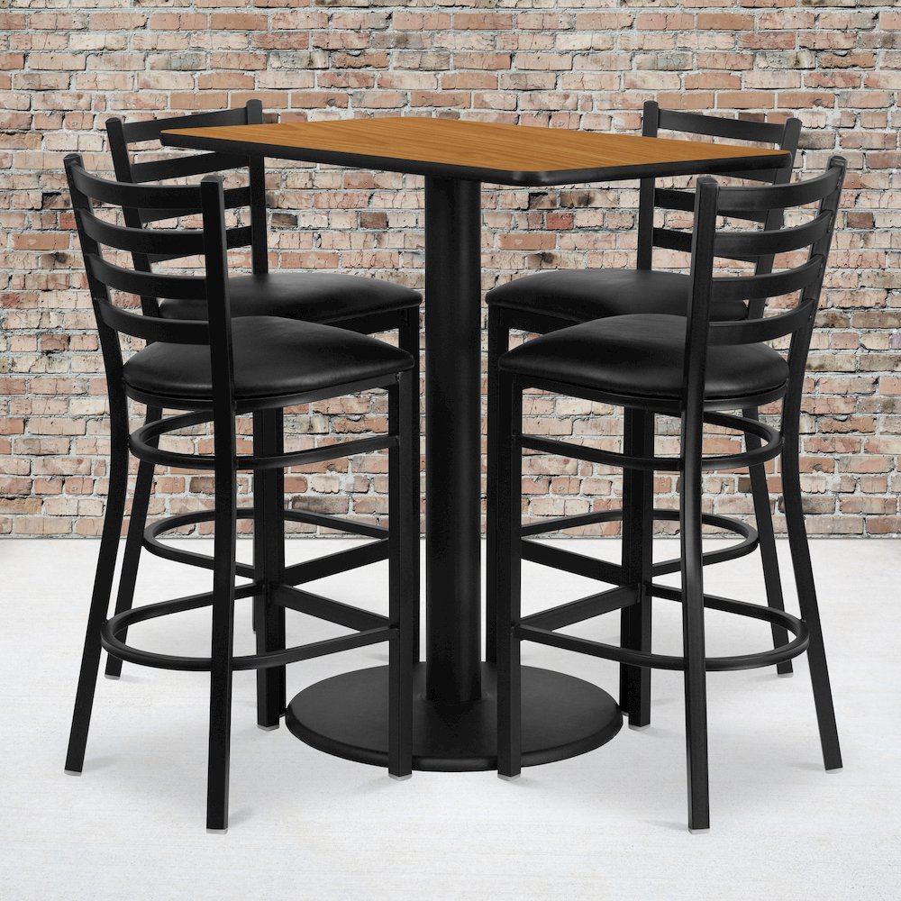 24” x 42” Natural Table Set with 4 Metal Barstools – Black Vinyl Seat
