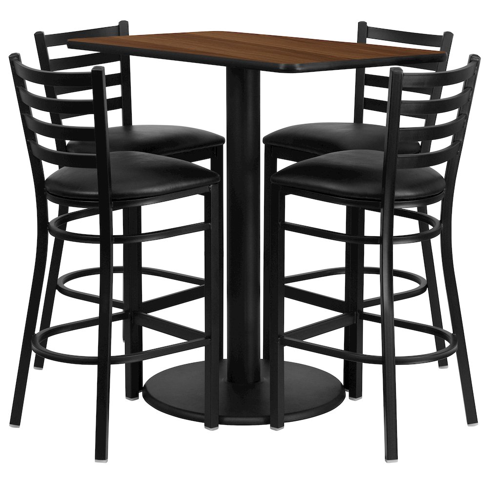 24” x 42” Walnut Table Set with 4 Metal Barstools – Black Vinyl Seat
