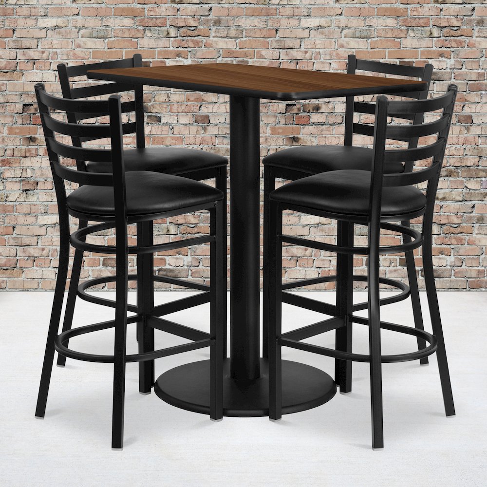 24” x 42” Walnut Table Set with 4 Metal Barstools – Black Vinyl Seat