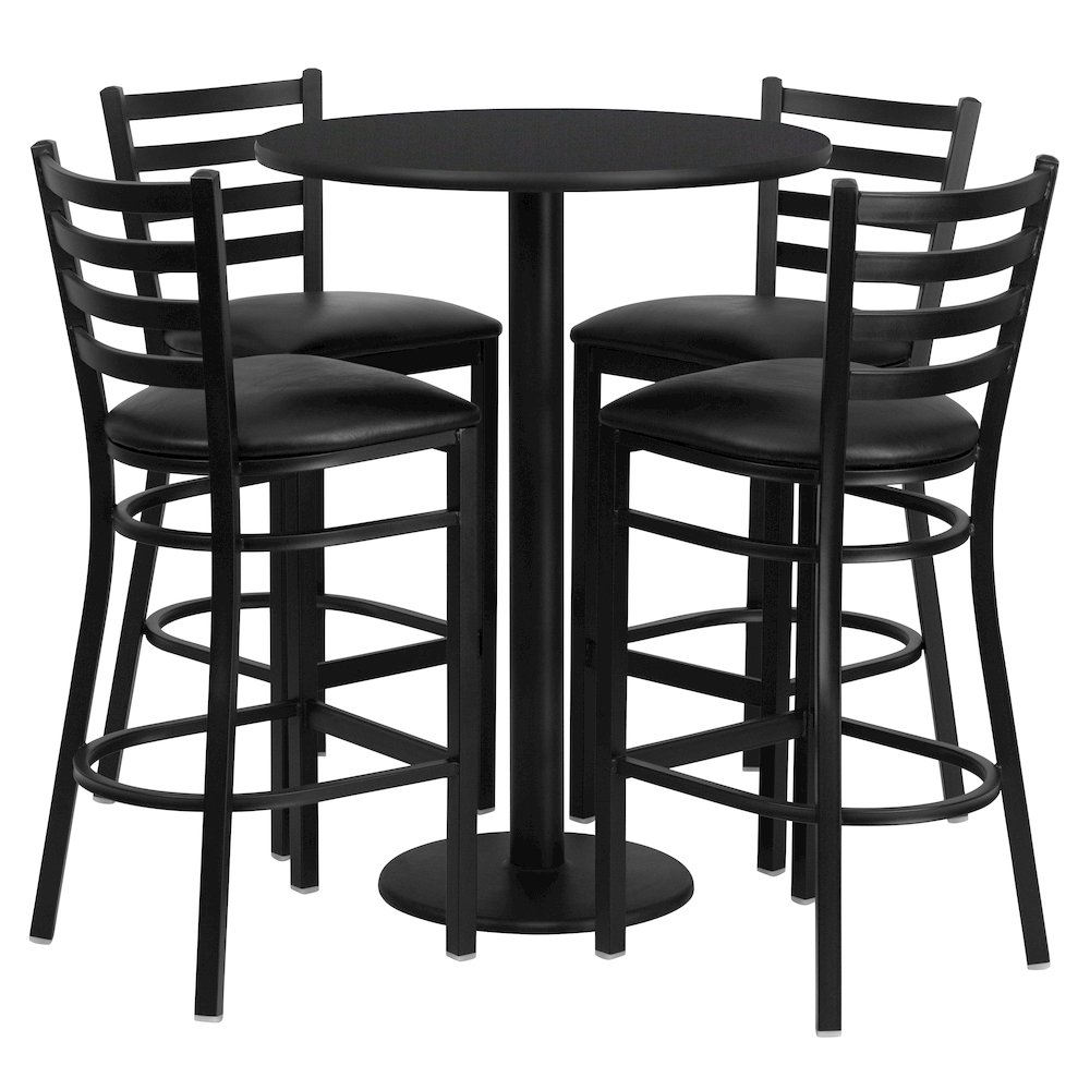 30” Black Table Set with Base and 4 Metal Barstools – Black Vinyl Seat