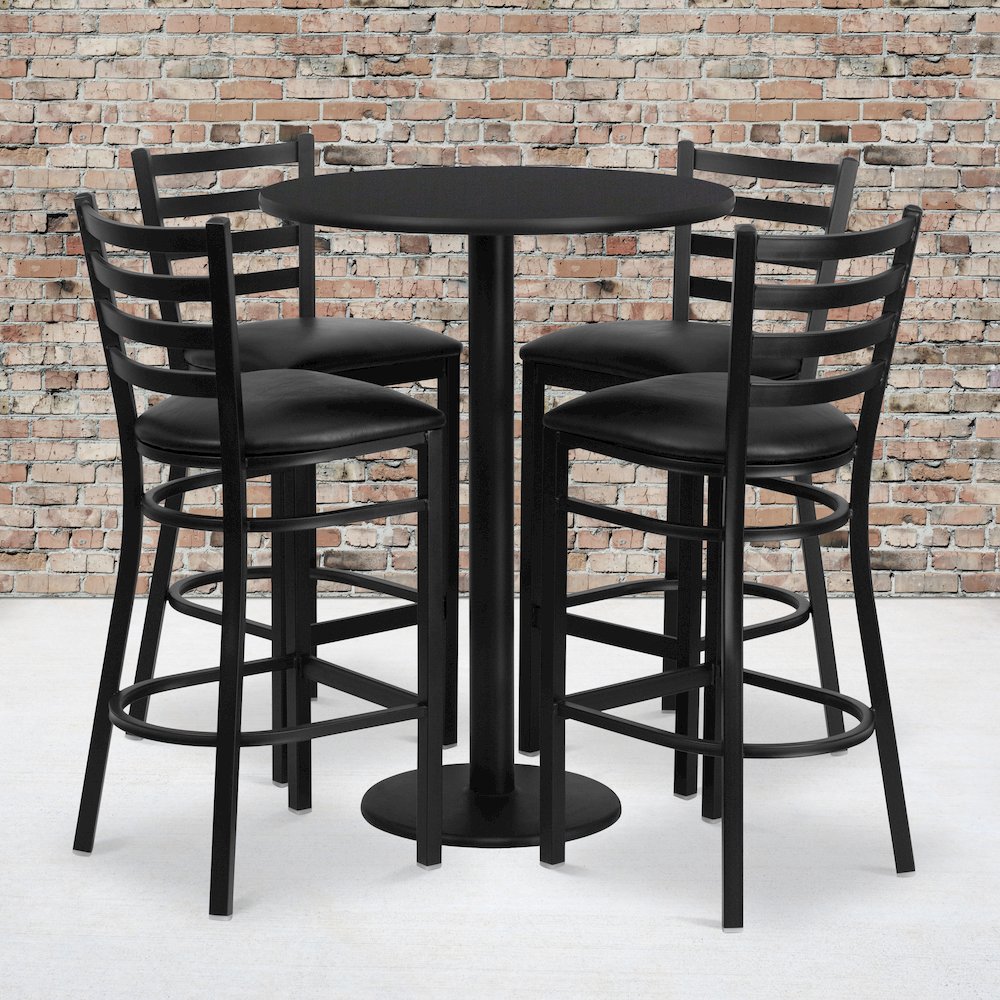 30” Black Table Set with Base and 4 Metal Barstools – Black Vinyl Seat