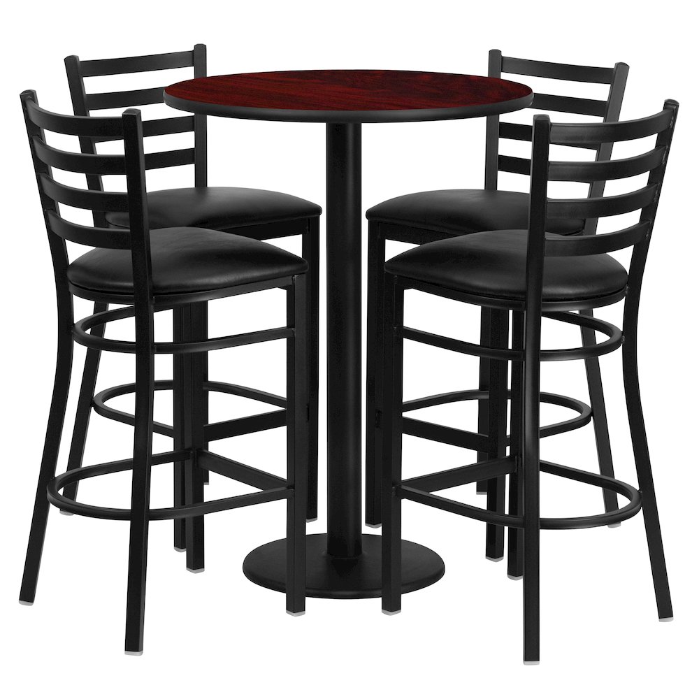 30” Mahogany Table Set with Base and 4 Metal Barstools – Black Vinyl Seat