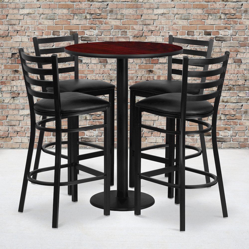 30” Mahogany Table Set with Base and 4 Metal Barstools – Black Vinyl Seat