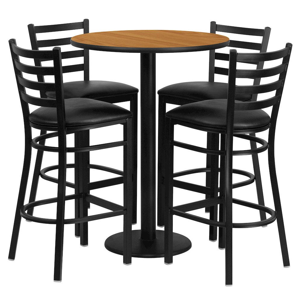 30” Natural Table Set with Base and 4 Metal Barstools – Black Vinyl Seat