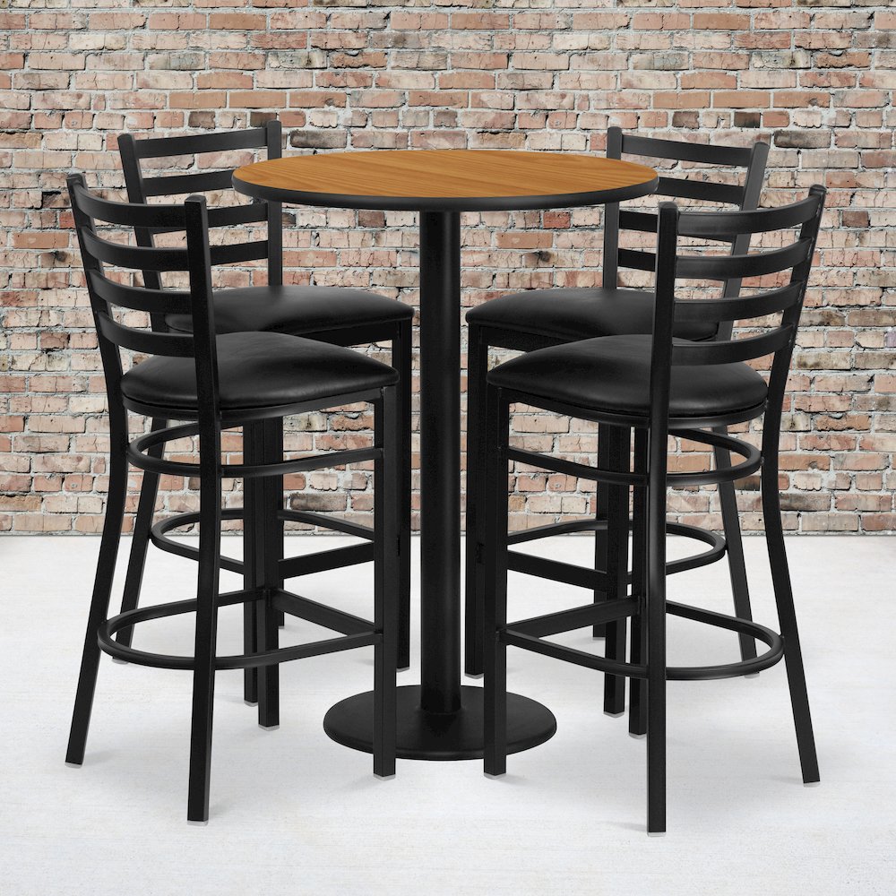 30” Natural Table Set with Base and 4 Metal Barstools – Black Vinyl Seat
