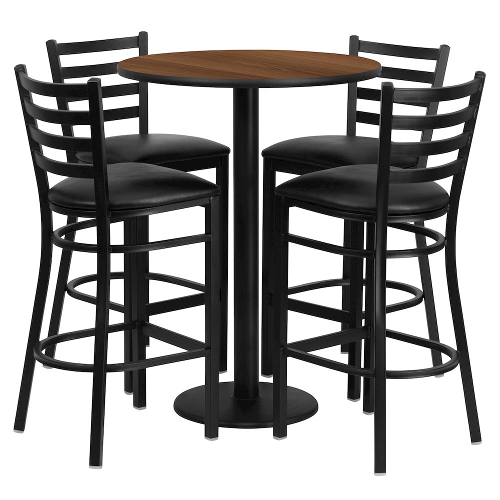 30” Walnut Table Set with Base and 4 Metal Barstools – Black Vinyl Seat