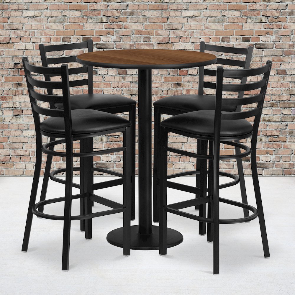 30” Walnut Table Set with Base and 4 Metal Barstools – Black Vinyl Seat