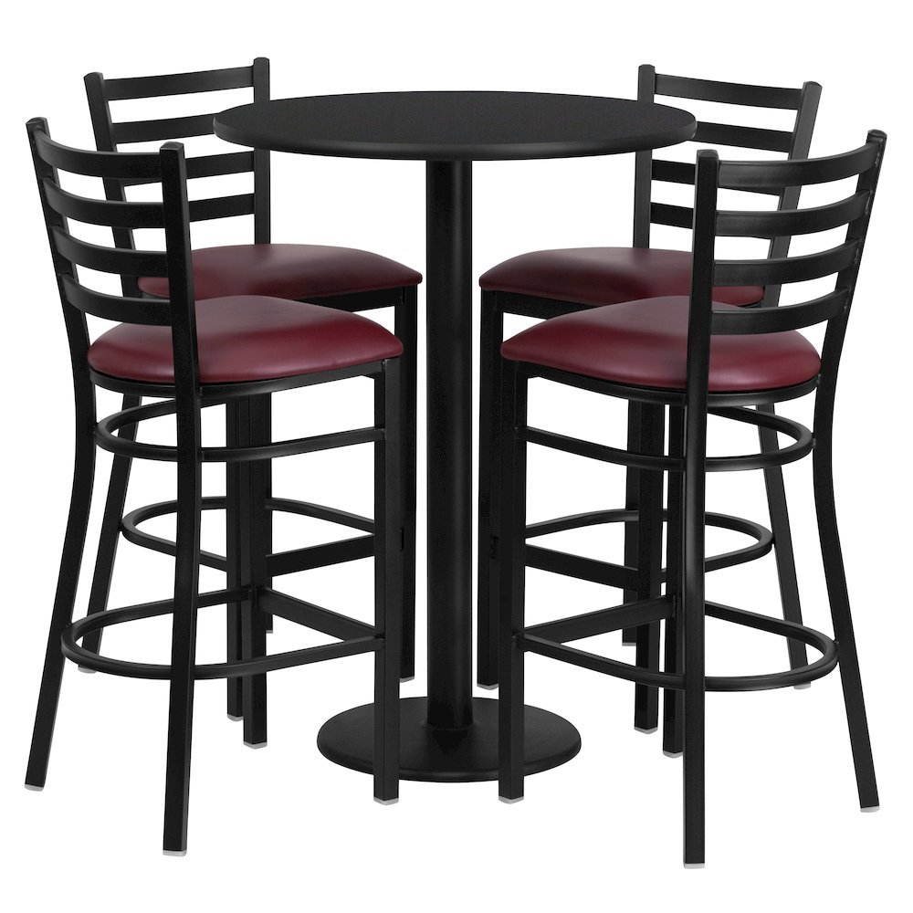 30” Black Table Set with Base and 4 Metal Barstools – Burgundy Vinyl Seat