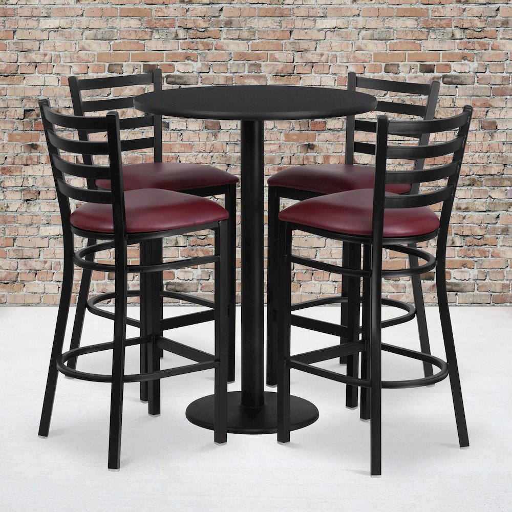 30” Black Table Set with Base and 4 Metal Barstools – Burgundy Vinyl Seat
