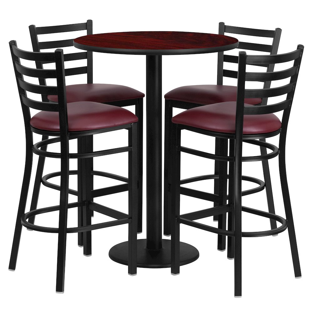 30” Mahogany Table Set with Base and 4 Metal Barstools – Burgundy Vinyl Seat