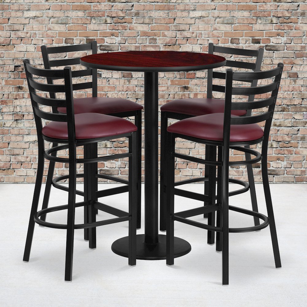 30” Mahogany Table Set with Base and 4 Metal Barstools – Burgundy Vinyl Seat