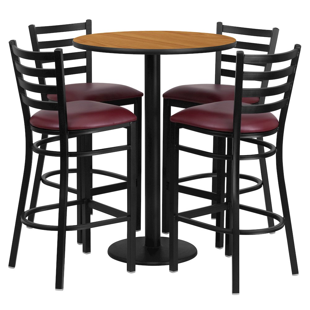 30” Natural Table Set with Base and 4 Metal Barstools – Burgundy Vinyl Seat
