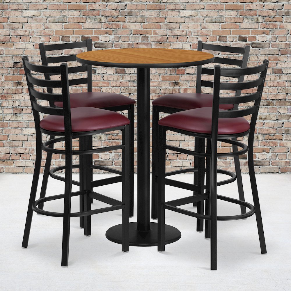30” Natural Table Set with Base and 4 Metal Barstools – Burgundy Vinyl Seat