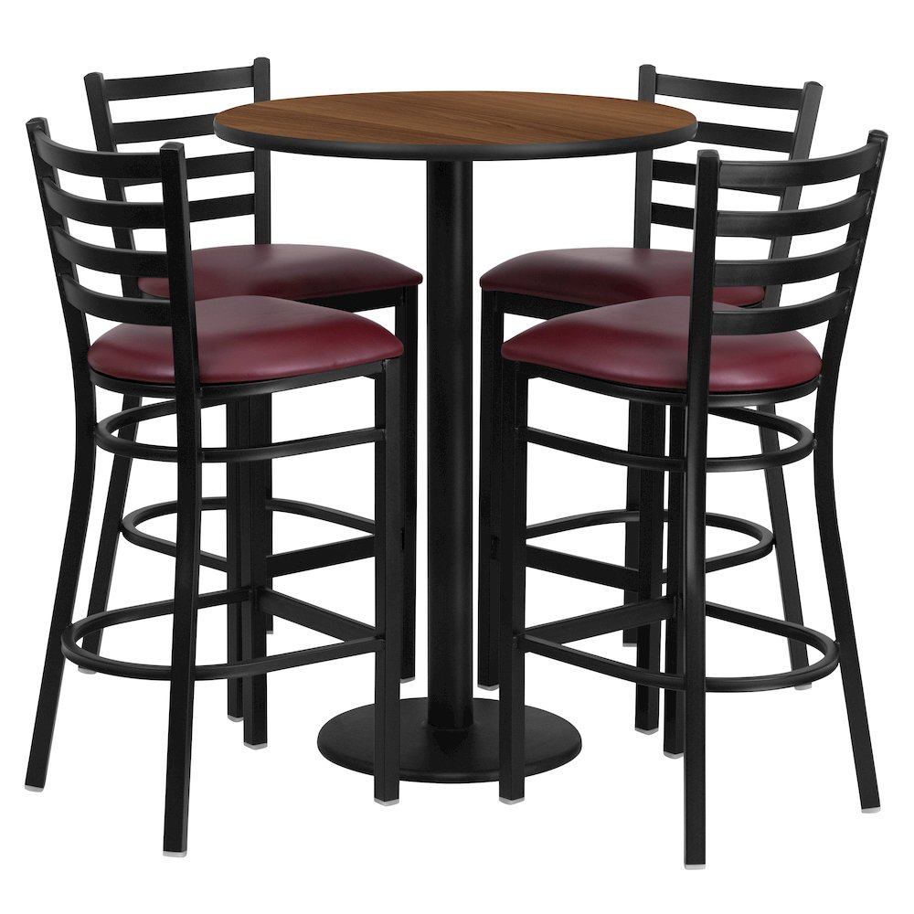 30” Walnut Table Set with Base and 4 Metal Barstools – Burgundy Vinyl Seat