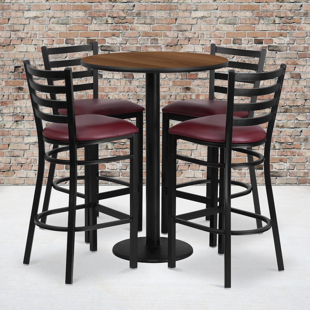 30” Walnut Table Set with Base and 4 Metal Barstools – Burgundy Vinyl Seat