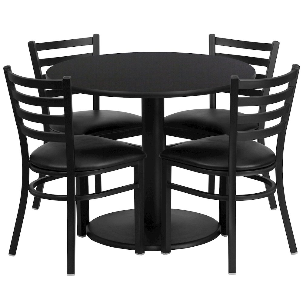 36” Black Table Set with Base and 4 Ladder Back Metal Chairs – Black Vinyl Seat