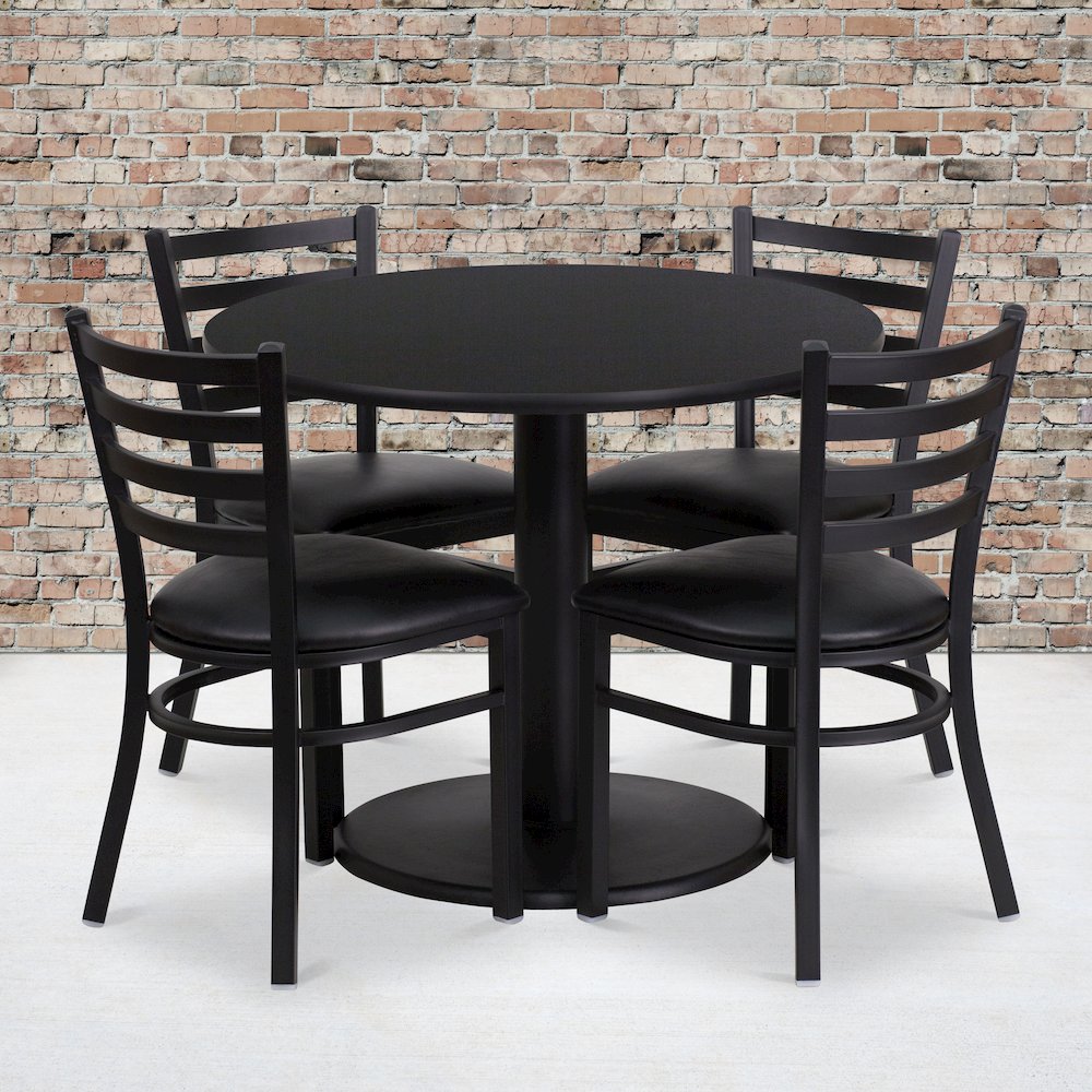 36” Black Table Set with Base and 4 Ladder Back Metal Chairs – Black Vinyl Seat