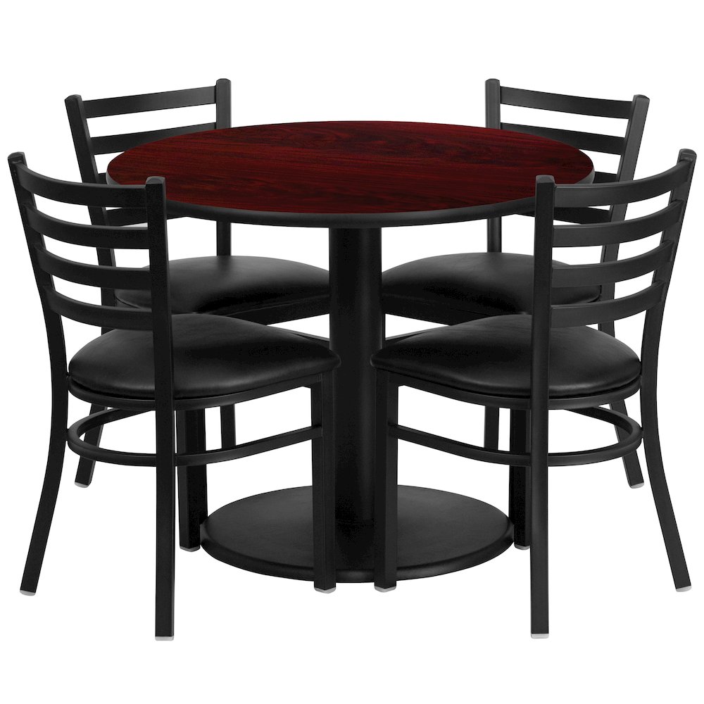 36” Mahogany Table Set with Base and 4 Metal Chairs – Black Vinyl Seat